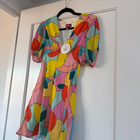 NWT Staud Milla A-line Mini Dress Georgette Allover Multi-Print V-Neck Sz 6 - Picture 3 of 10